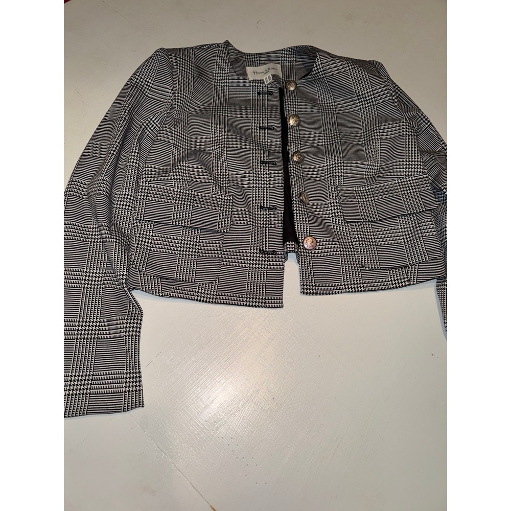 Haver + Blair London Plaid Cropped Blazer Jacket Black White XS JQ34028CHU